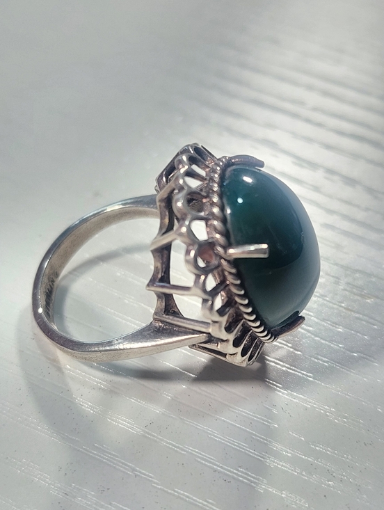 Jewelry - “Vintage Sterling Silver Large Oval Green Onyx Cabochon Statement Ring Boho”. 7